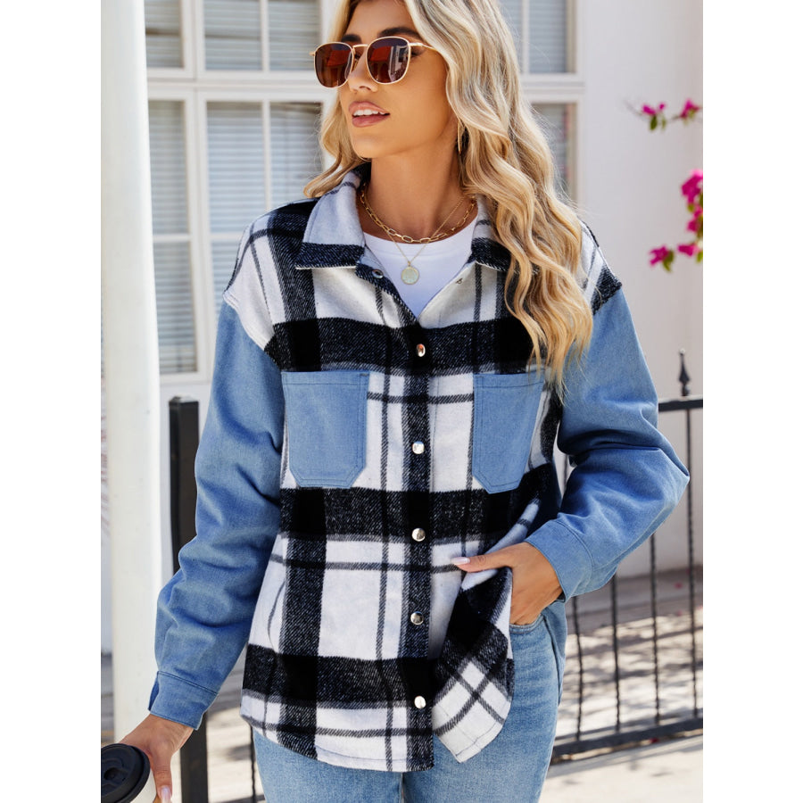 Pocketed Plaid Snap Down Denim Jacket Apparel and Accessories