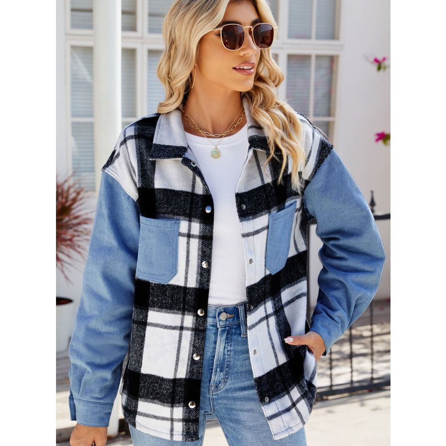 Pocketed Plaid Snap Down Denim Jacket Apparel and Accessories