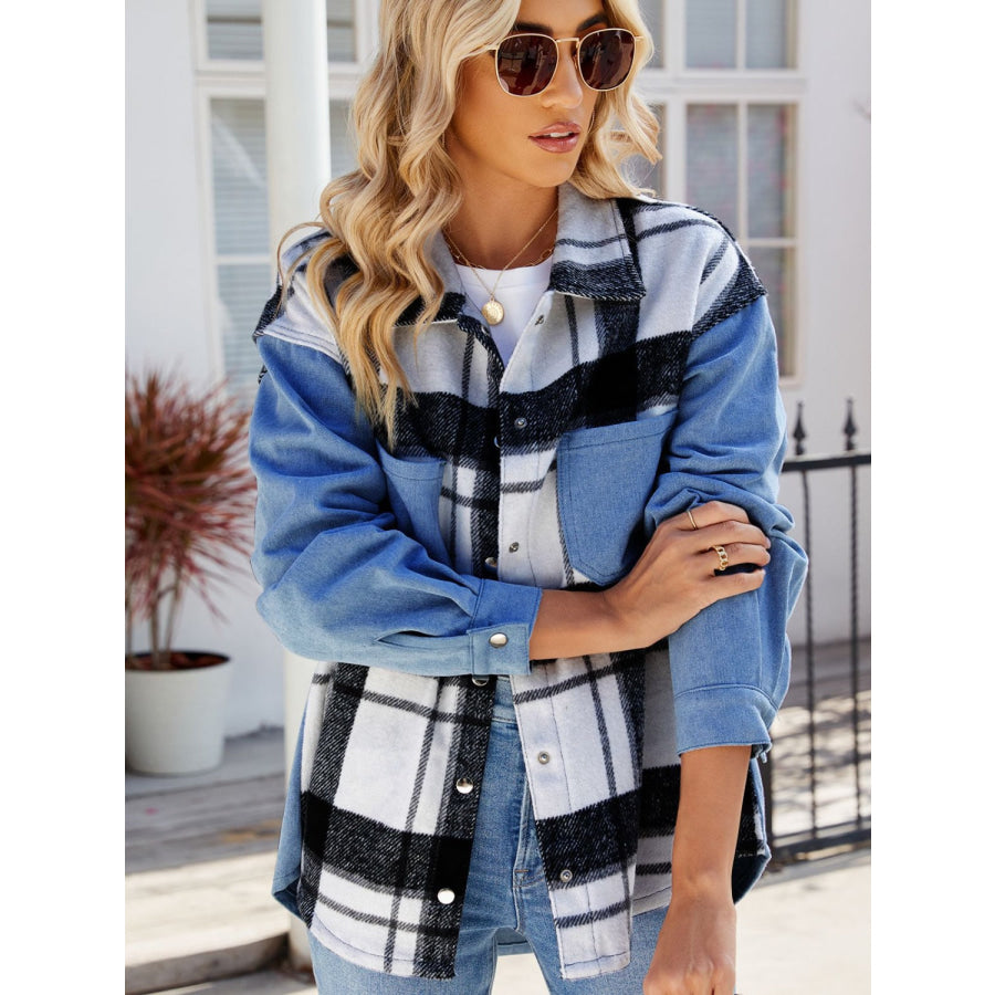 Pocketed Plaid Snap Down Denim Jacket Apparel and Accessories