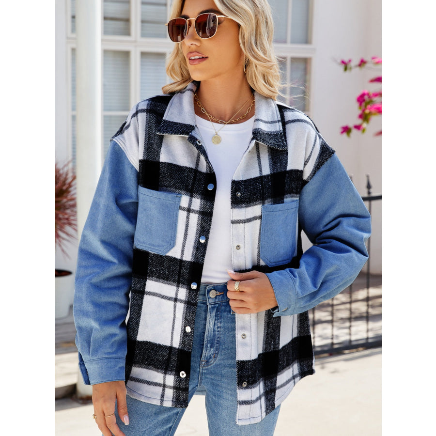 Pocketed Plaid Snap Down Denim Jacket Dusty Blue / S Apparel and Accessories