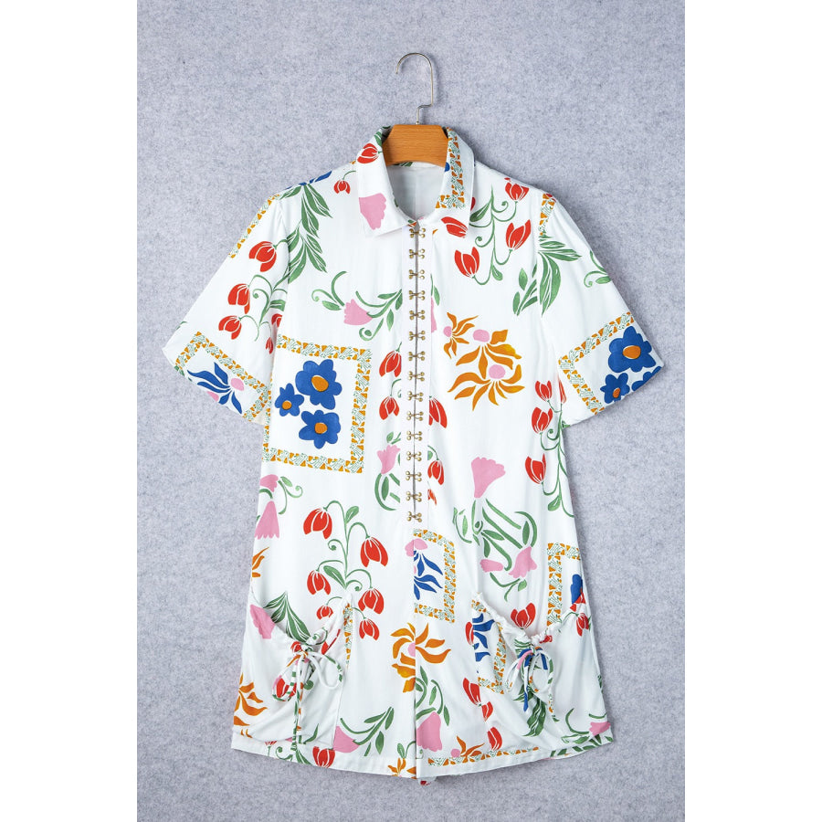 Pocketed Printed Half Sleeve Romper Apparel and Accessories