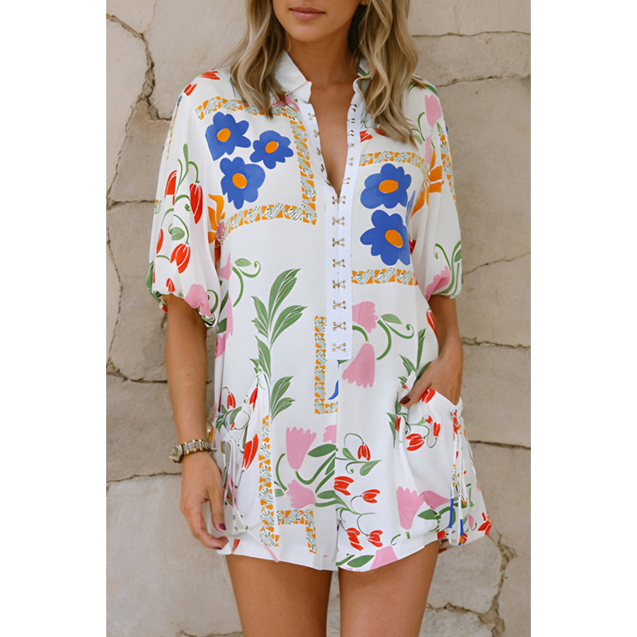 Pocketed Printed Half Sleeve Romper Floral / S Apparel and Accessories