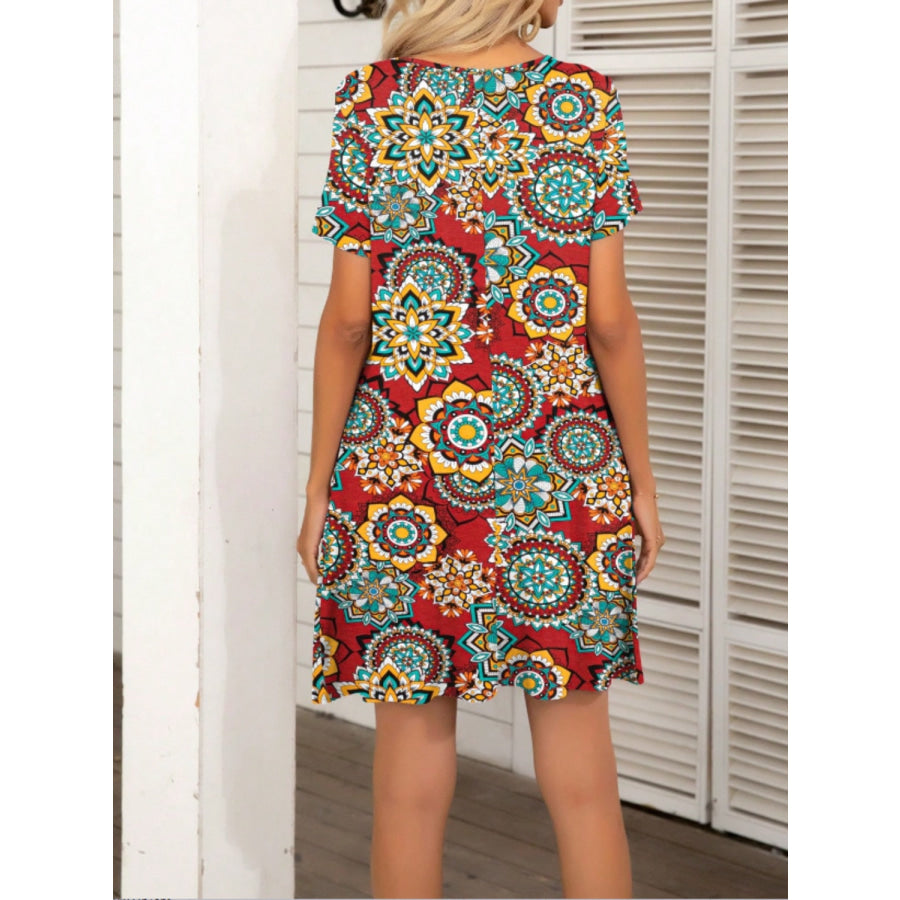 Pocketed Printed Round Neck Short Sleeve Mini Dress Apparel and Accessories