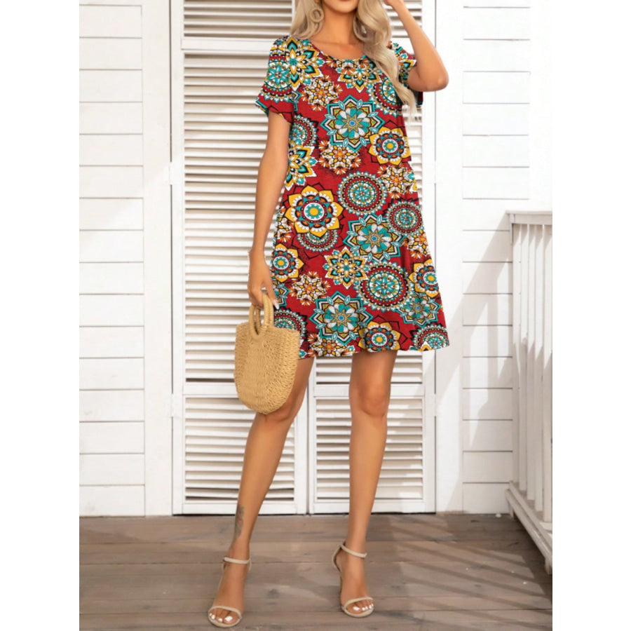 Pocketed Printed Round Neck Short Sleeve Mini Dress Apparel and Accessories