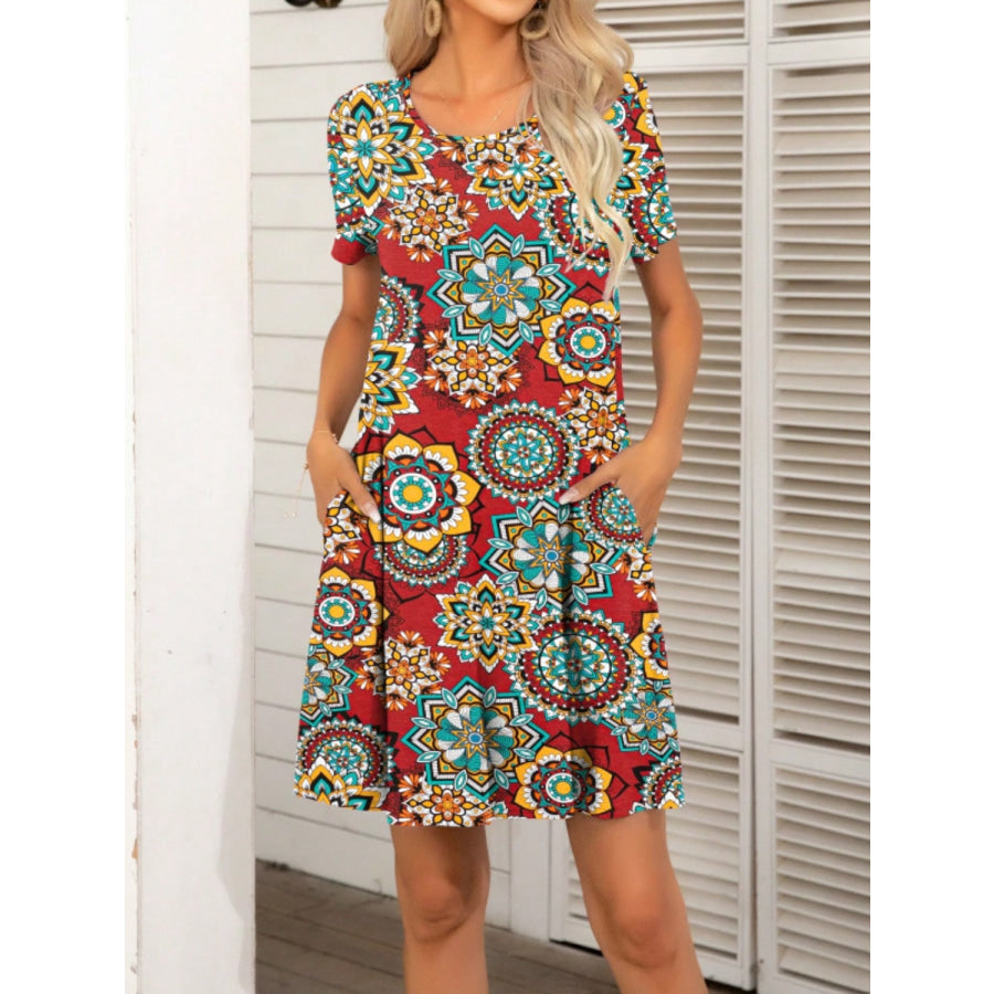 Pocketed Printed Round Neck Short Sleeve Mini Dress Deep Red / S Apparel and Accessories