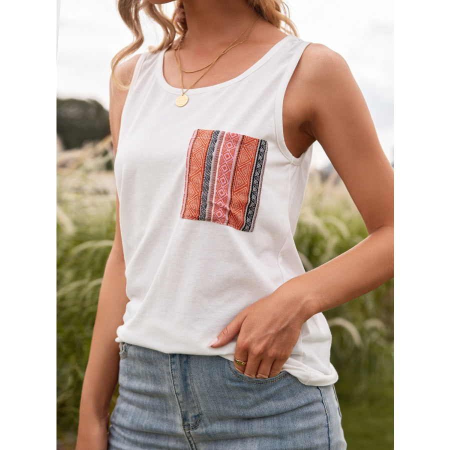 Pocketed Printed Round Neck Tank Apparel and Accessories