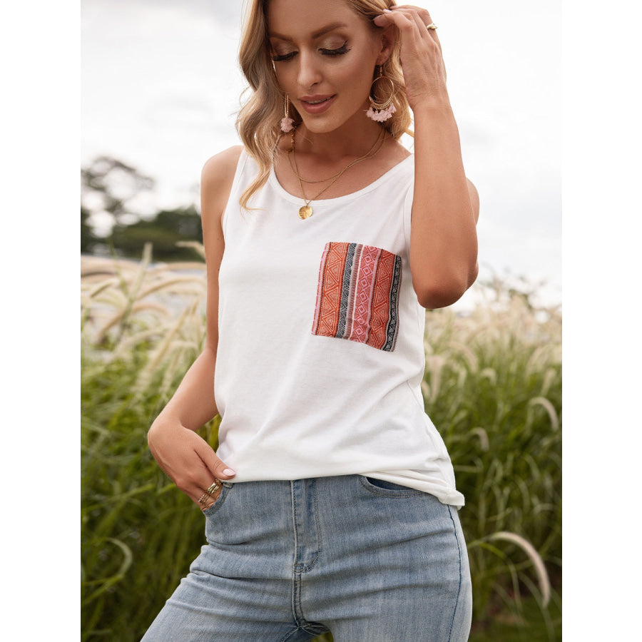 Pocketed Printed Round Neck Tank Apparel and Accessories