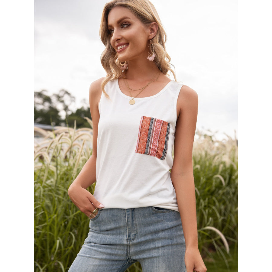 Pocketed Printed Round Neck Tank White / S Apparel and Accessories