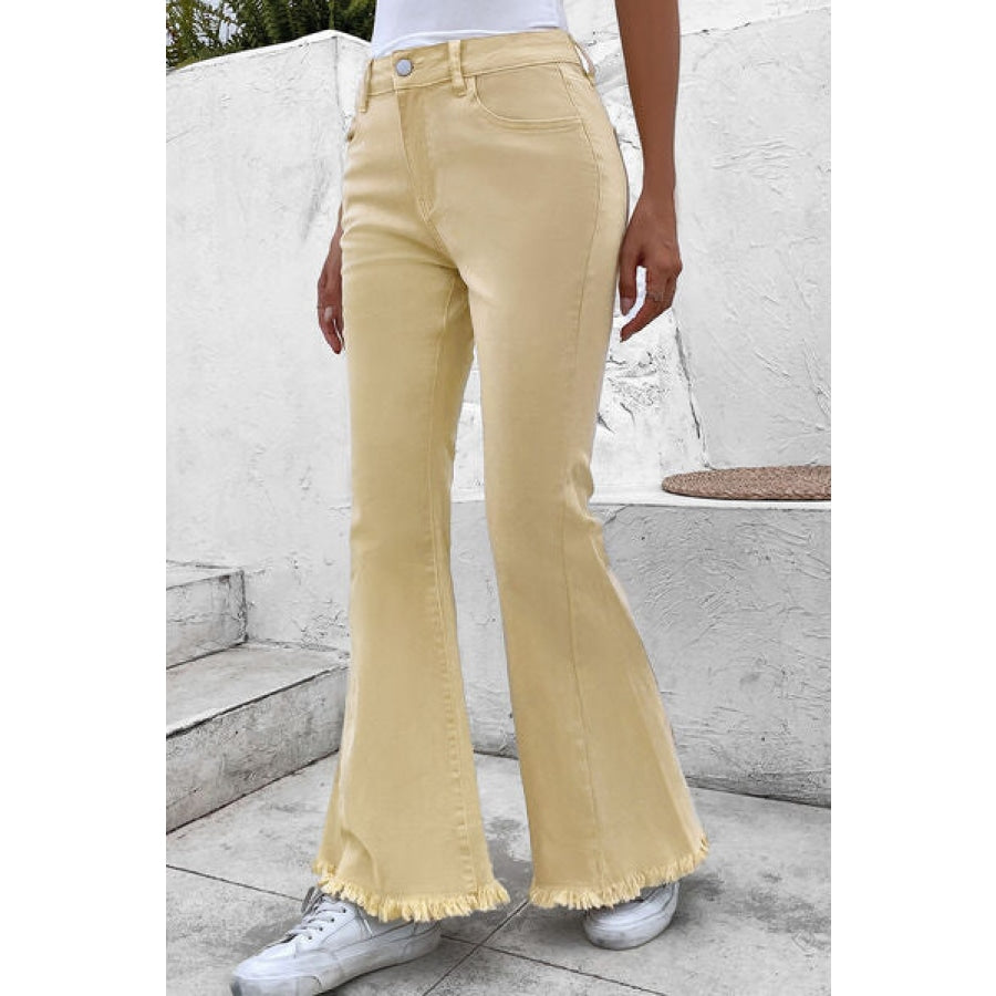 Pocketed Raw Hem Flare Jeans Ivory / 6 Apparel and Accessories