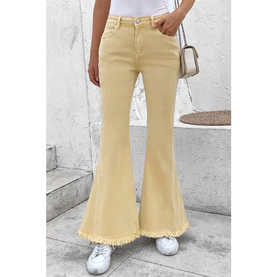 Pocketed Raw Hem Flare Jeans Ivory / 6 Apparel and Accessories