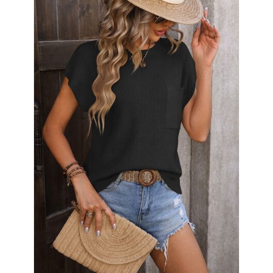 Pocketed Round Neck Cap Sleeve Sweater Apparel and Accessories