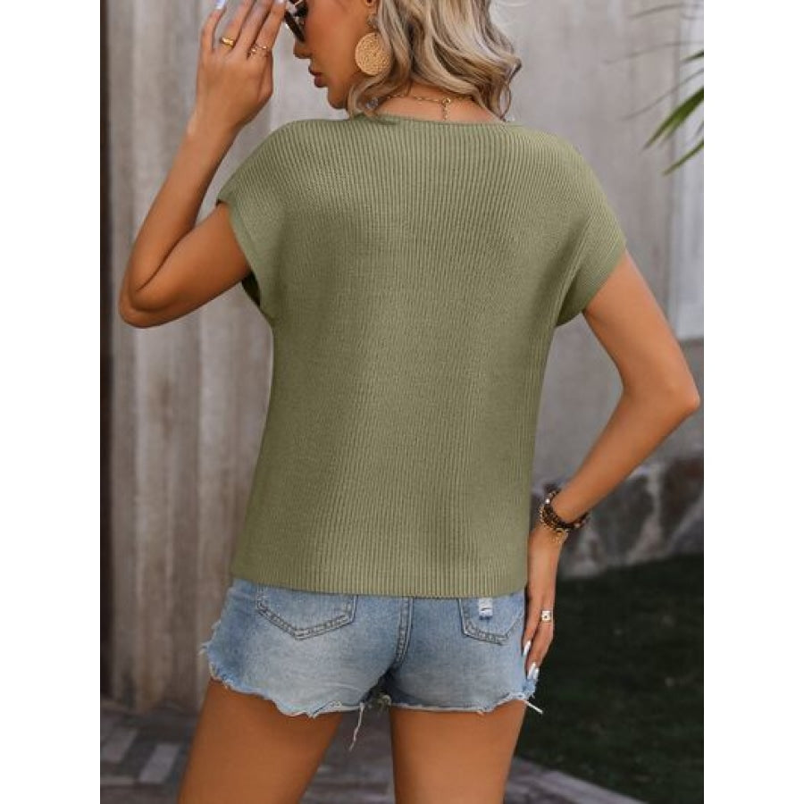 Pocketed Round Neck Cap Sleeve Sweater Apparel and Accessories