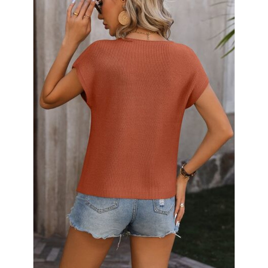 Pocketed Round Neck Cap Sleeve Sweater Apparel and Accessories