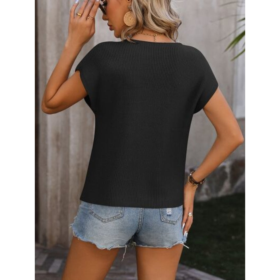 Pocketed Round Neck Cap Sleeve Sweater Apparel and Accessories