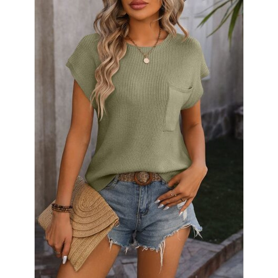 Pocketed Round Neck Cap Sleeve Sweater Sage / S Apparel and Accessories