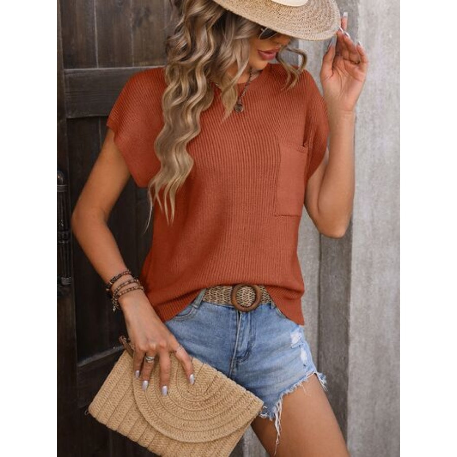 Pocketed Round Neck Cap Sleeve Sweater Apparel and Accessories