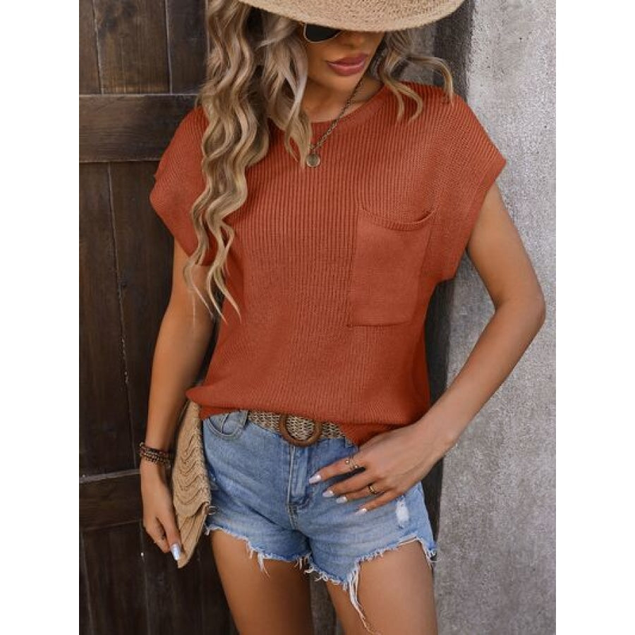 Pocketed Round Neck Cap Sleeve Sweater Caramel / S Apparel and Accessories