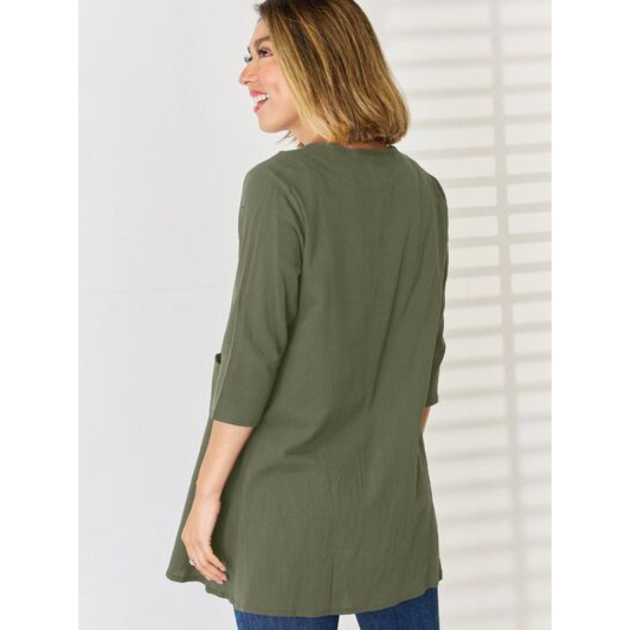 Pocketed Round Neck Half Sleeve Blouse Apparel and Accessories