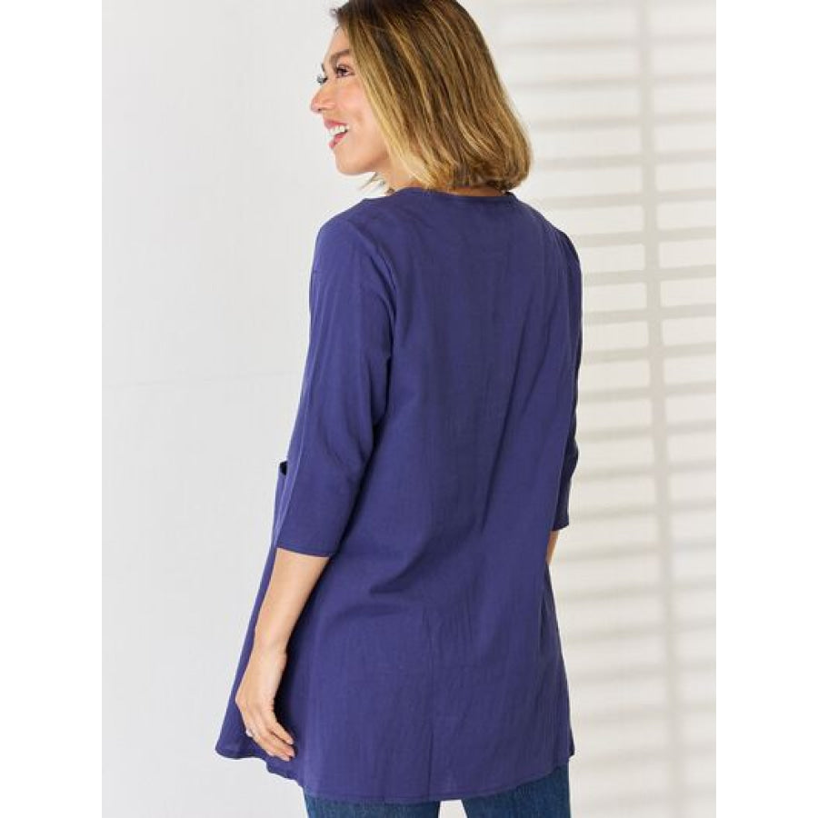 Pocketed Round Neck Half Sleeve Blouse Apparel and Accessories