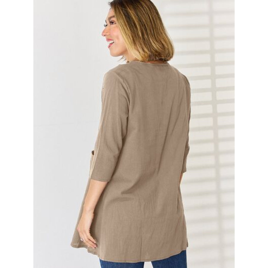 Pocketed Round Neck Half Sleeve Blouse Apparel and Accessories