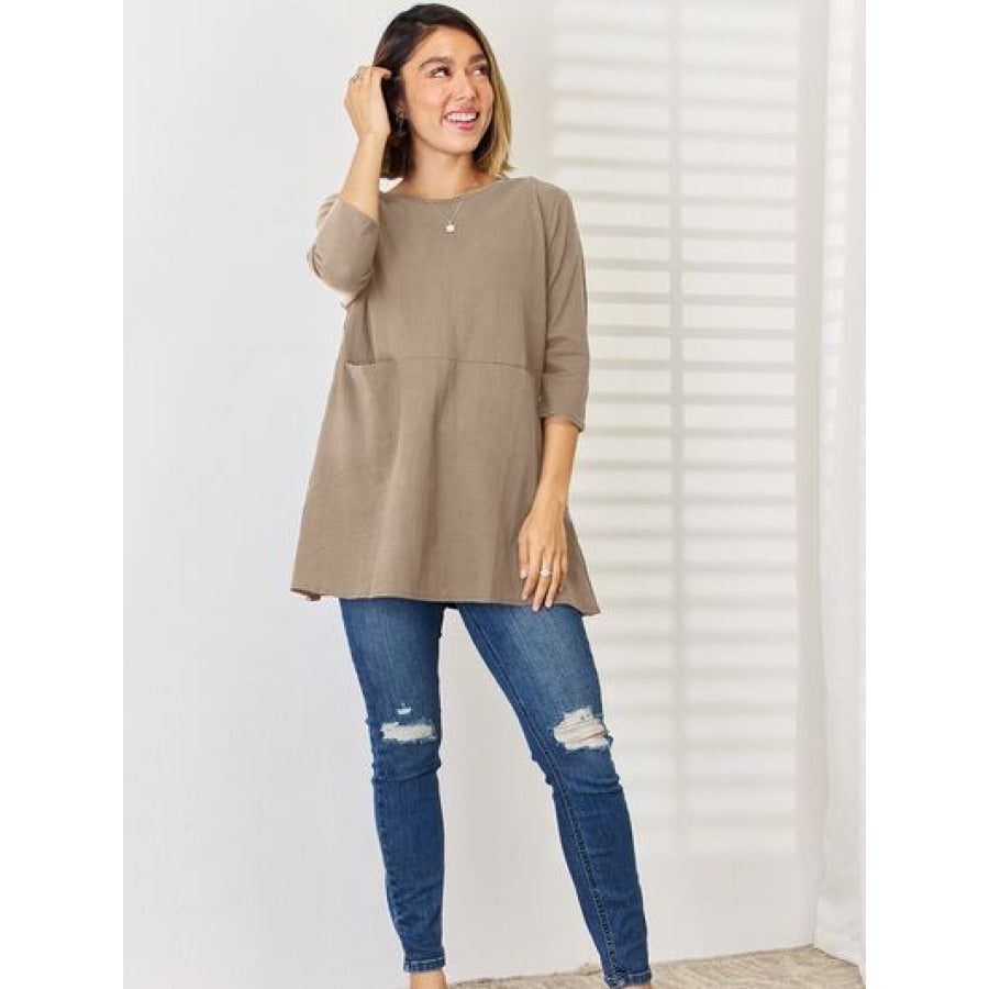 Pocketed Round Neck Half Sleeve Blouse Apparel and Accessories