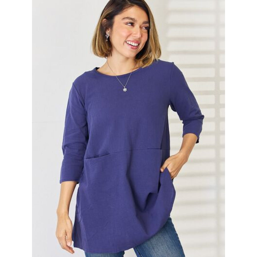 Pocketed Round Neck Half Sleeve Blouse Apparel and Accessories