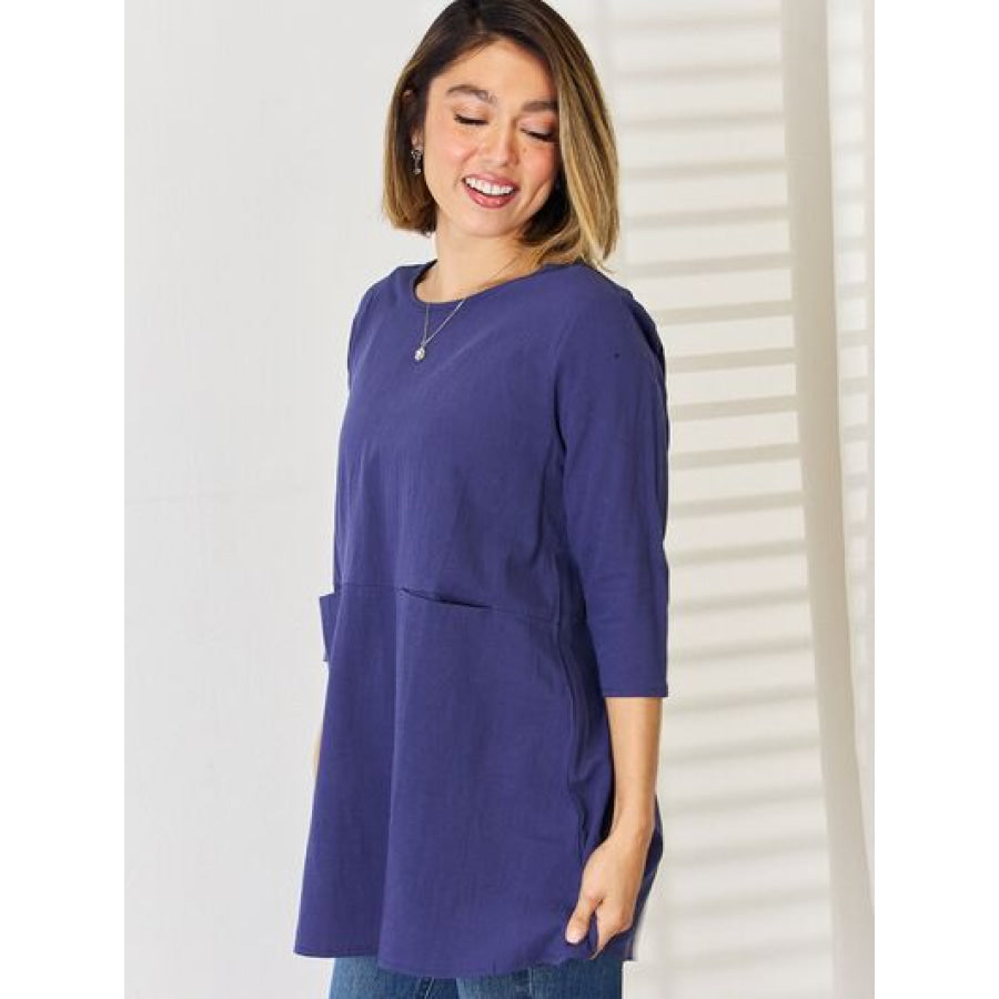 Pocketed Round Neck Half Sleeve Blouse Apparel and Accessories