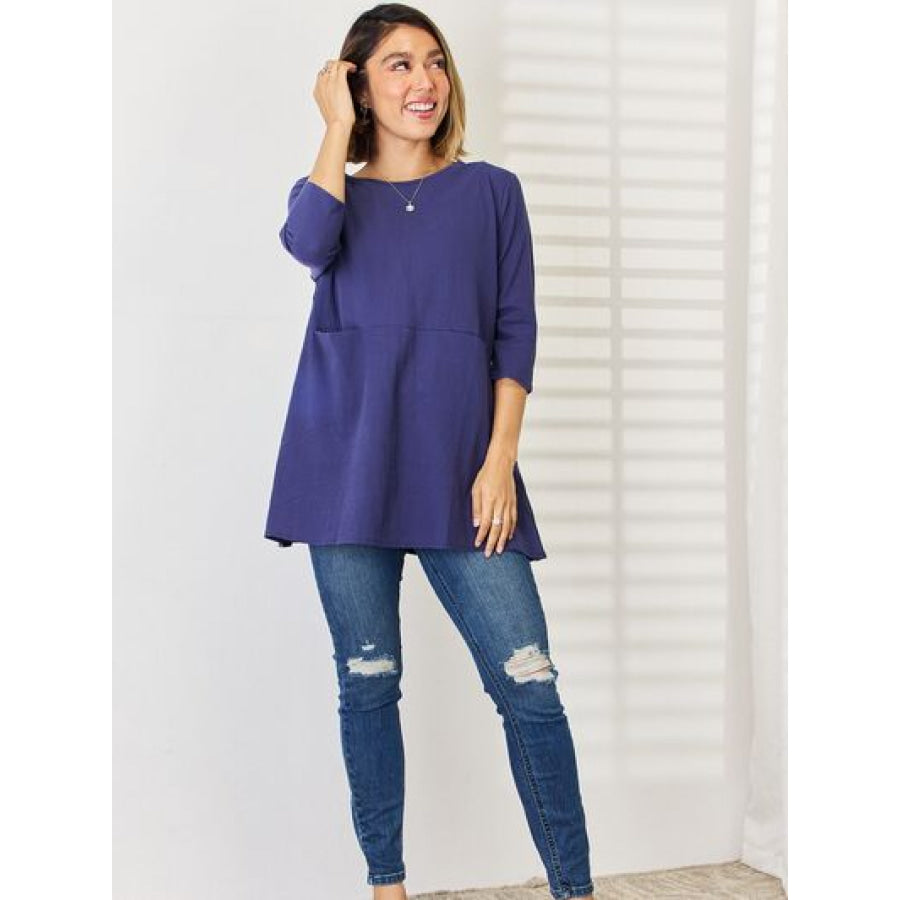 Pocketed Round Neck Half Sleeve Blouse Apparel and Accessories