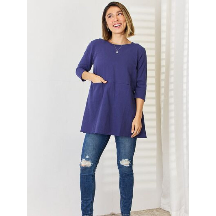 Pocketed Round Neck Half Sleeve Blouse Apparel and Accessories