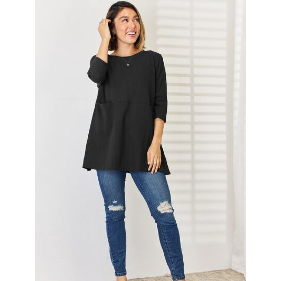 Pocketed Round Neck Half Sleeve Blouse Apparel and Accessories