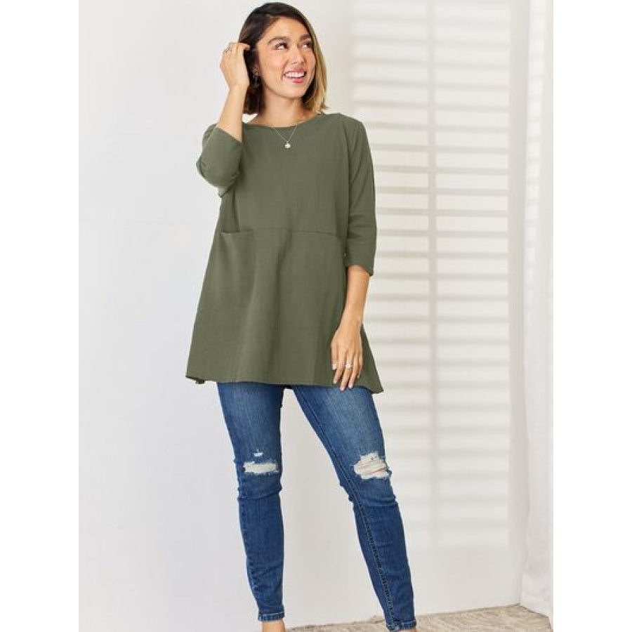 Pocketed Round Neck Half Sleeve Blouse Apparel and Accessories