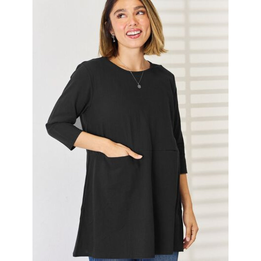 Pocketed Round Neck Half Sleeve Blouse Black / S Apparel and Accessories