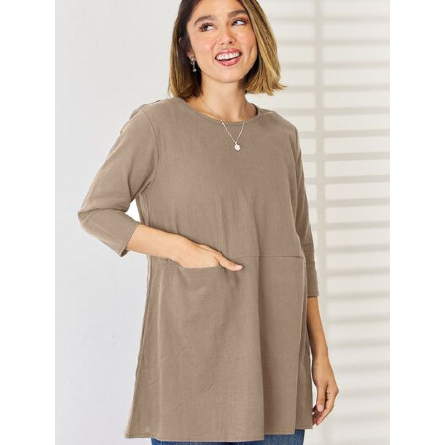 Pocketed Round Neck Half Sleeve Blouse Khaki / S Apparel and Accessories