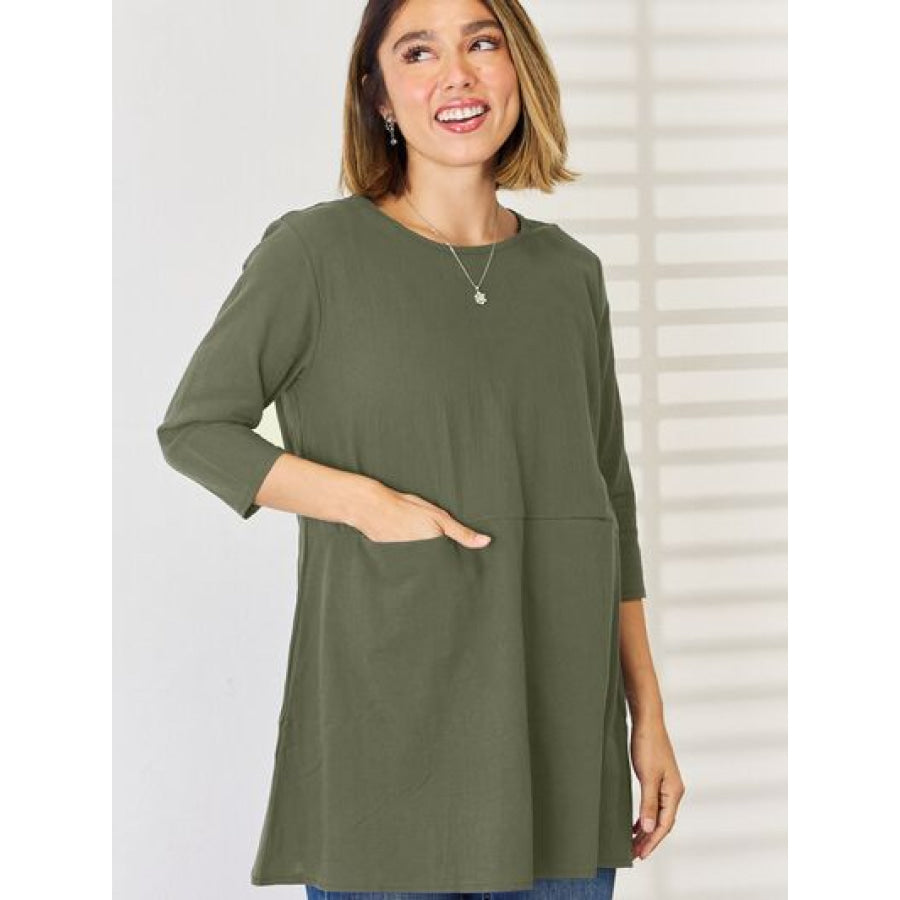 Pocketed Round Neck Half Sleeve Blouse Moss / S Apparel and Accessories