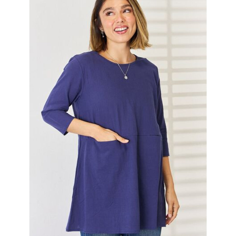 Pocketed Round Neck Half Sleeve Blouse Navy / S Apparel and Accessories