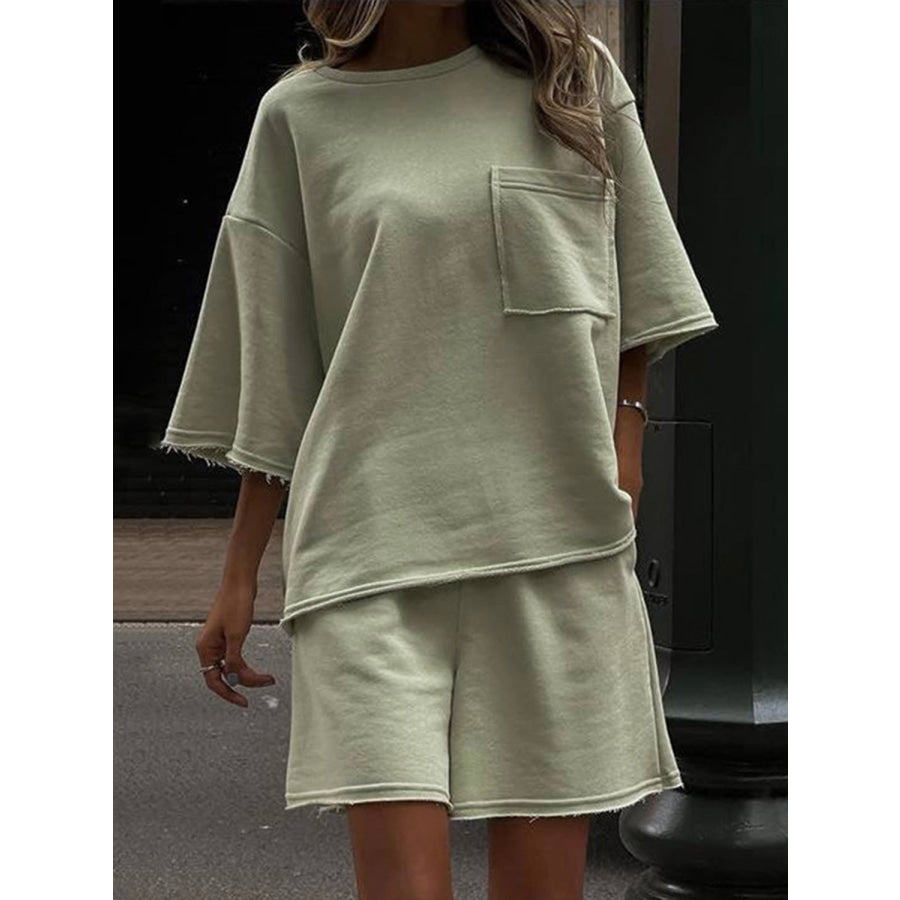 Pocketed Round Neck Half Sleeve Top and Shorts Set Apparel and Accessories