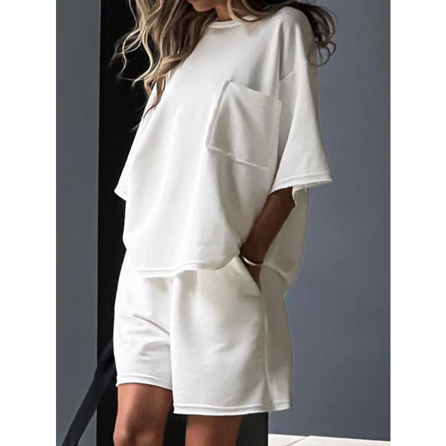 Pocketed Round Neck Half Sleeve Top and Shorts Set White / S Apparel and Accessories