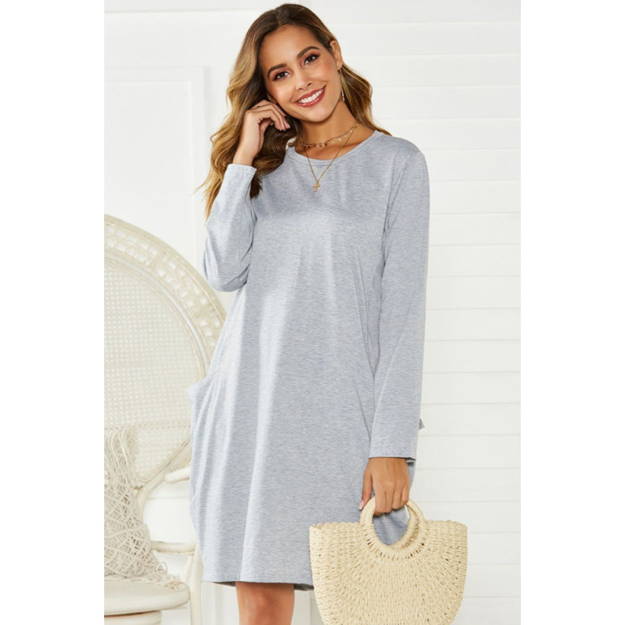 Pocketed Round Neck Long Sleeve Dress Apparel and Accessories