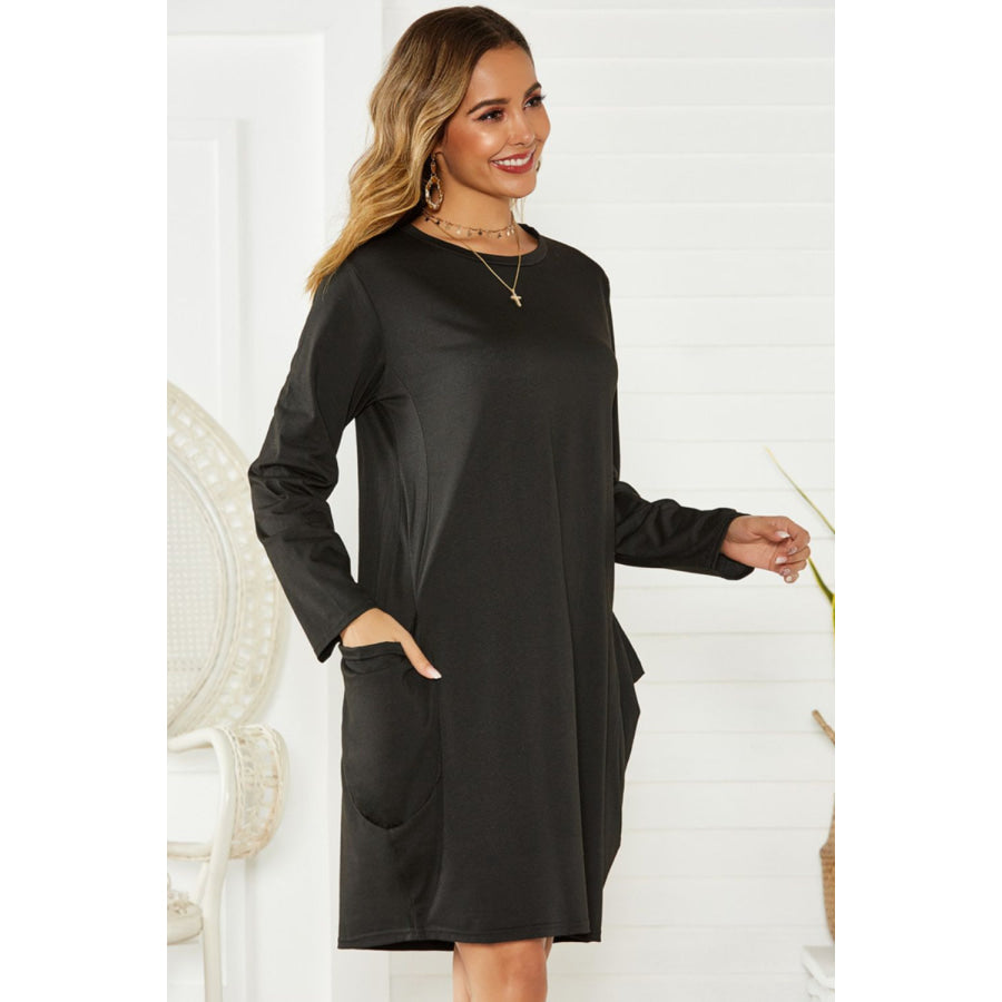 Pocketed Round Neck Long Sleeve Dress Apparel and Accessories