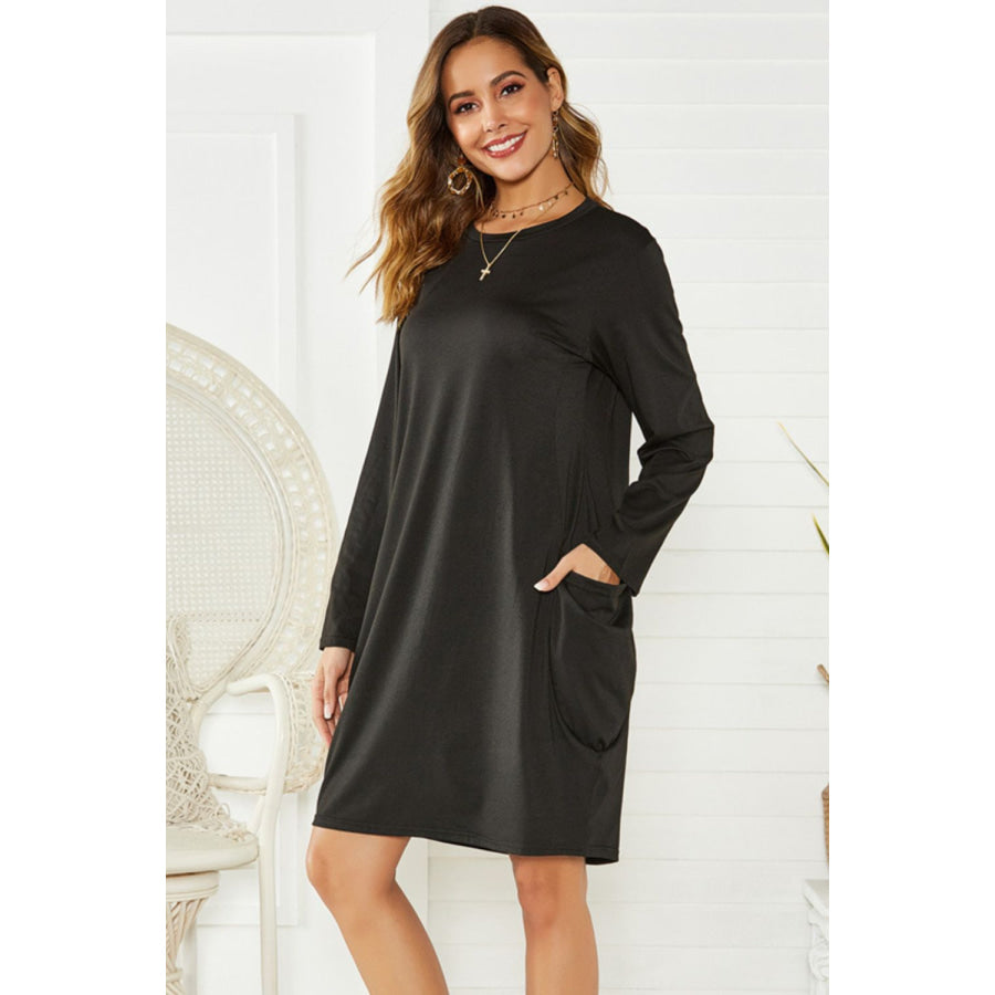 Pocketed Round Neck Long Sleeve Dress Apparel and Accessories