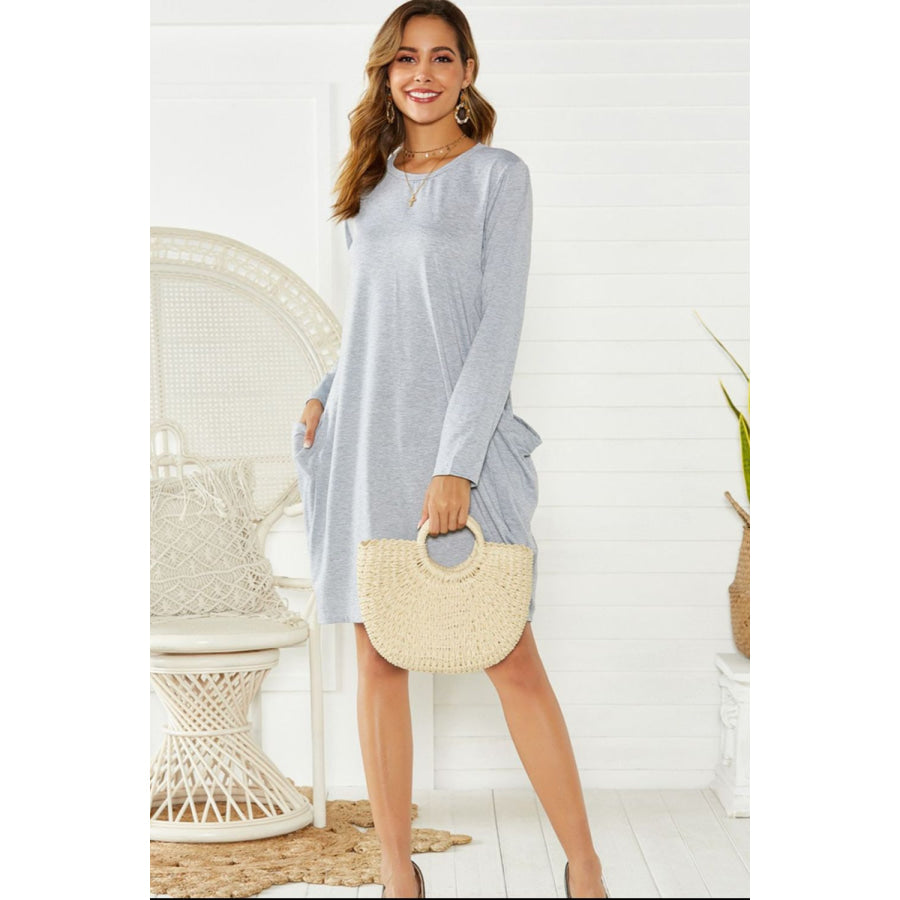 Pocketed Round Neck Long Sleeve Dress Apparel and Accessories