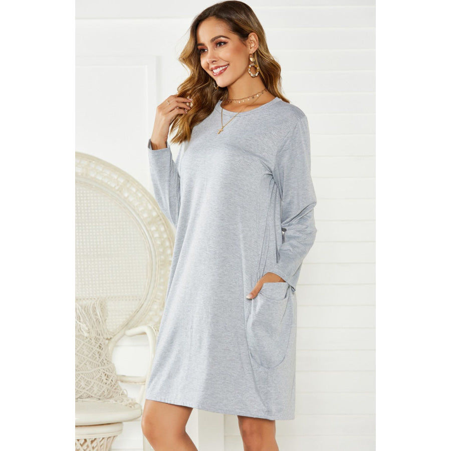 Pocketed Round Neck Long Sleeve Dress Apparel and Accessories