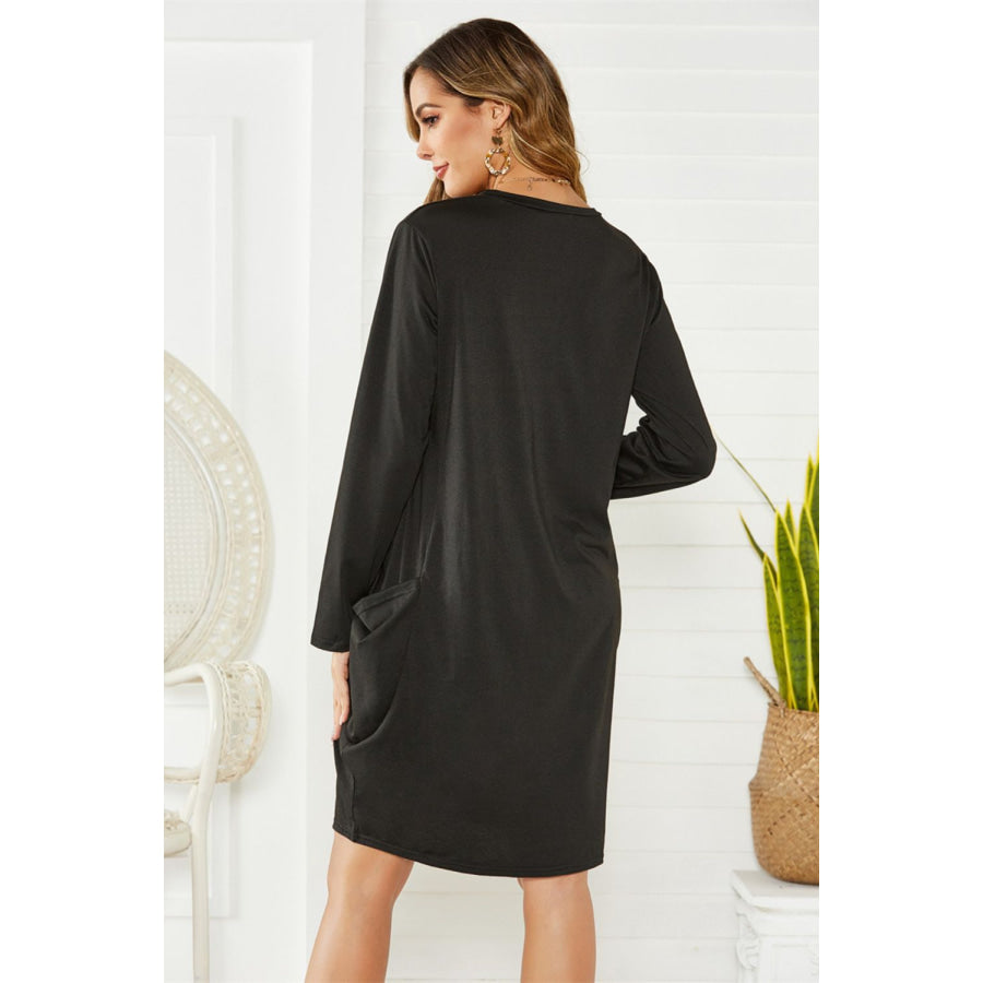 Pocketed Round Neck Long Sleeve Dress Apparel and Accessories