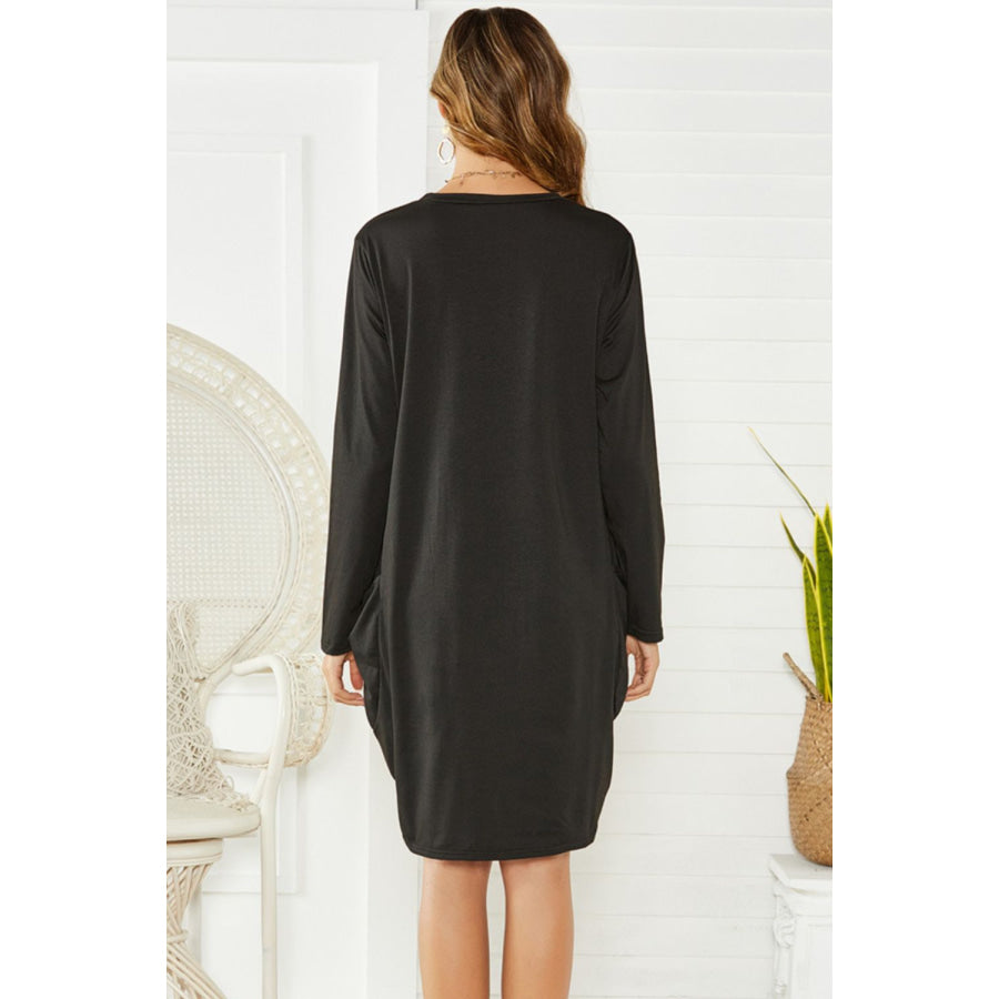 Pocketed Round Neck Long Sleeve Dress Apparel and Accessories