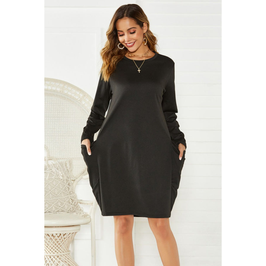 Pocketed Round Neck Long Sleeve Dress Apparel and Accessories