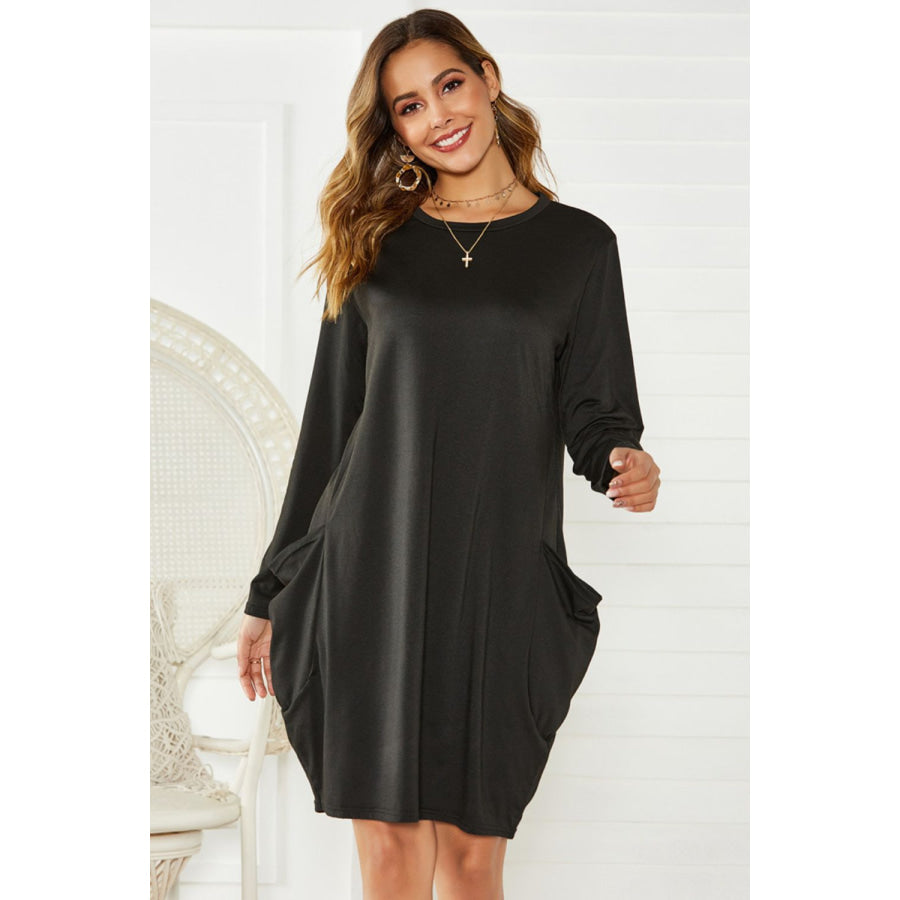 Pocketed Round Neck Long Sleeve Dress Black / S Apparel and Accessories