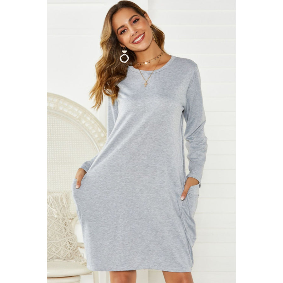 Pocketed Round Neck Long Sleeve Dress Light Gray / S Apparel and Accessories