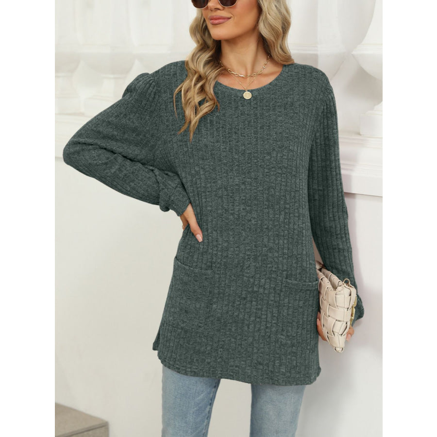 Pocketed Round Neck Long Sleeve T-Shirt Apparel and Accessories