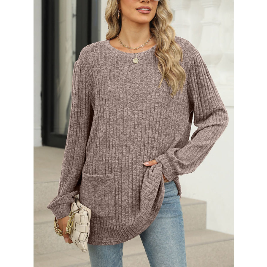 Pocketed Round Neck Long Sleeve T-Shirt Apparel and Accessories