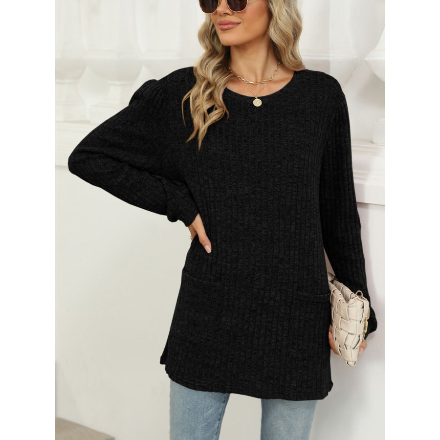 Pocketed Round Neck Long Sleeve T-Shirt Apparel and Accessories